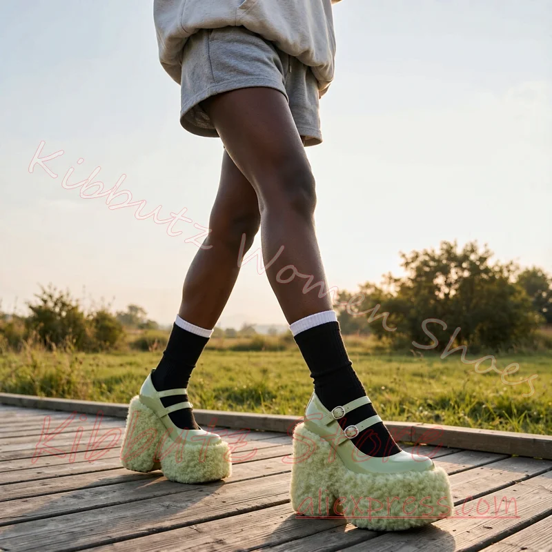 Fluffy Platform Mary Jane Shoes Women Double Strap Buckle Round Toe Chunky Sole Y2K Alt Subculture Footwear Party Street Daily