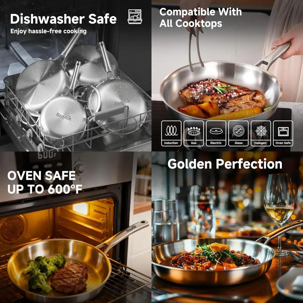 

12 Inch Set of 2 Tri-Ply Stainless Steel Skillet, Induction Ready Sauté Pan with Even Heat, Oven and Dishwasher Safe, Profession