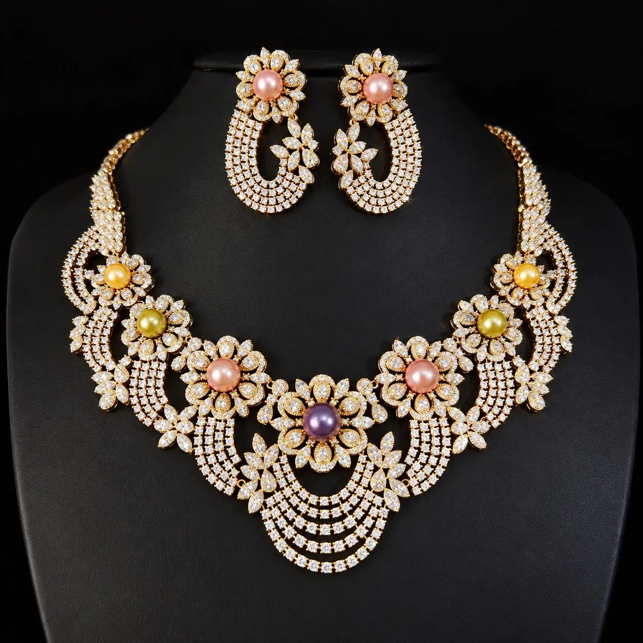 New Deluxe Vintage Exaggerated Flower Jewelry Necklace and Earring Set for Women's Wedding Bridal Event Accessories Gift M-1151