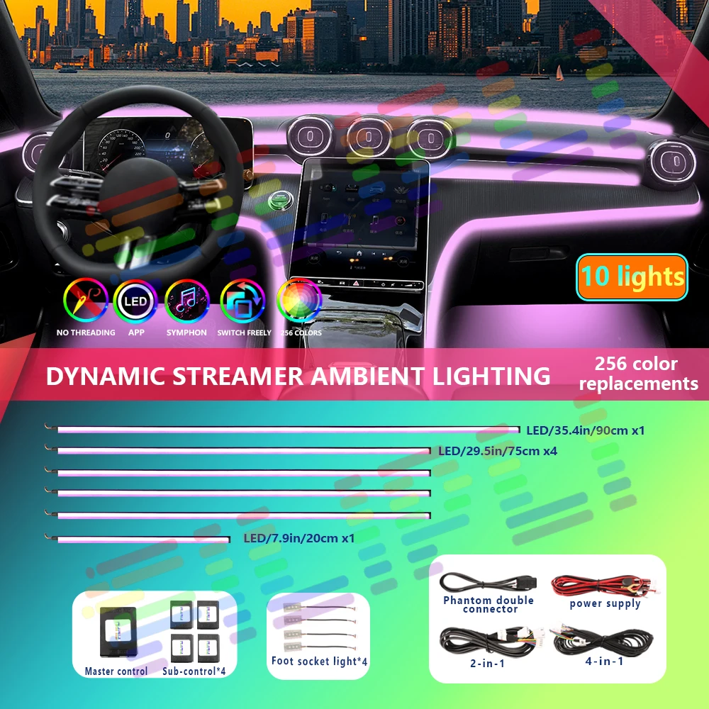 

Modern LED Auto Interior Mood Bar: 64+ Shades, Multicolor Rainbow Lighting, Mobile App Control, Multiple Effects, Hidden Acrylic
