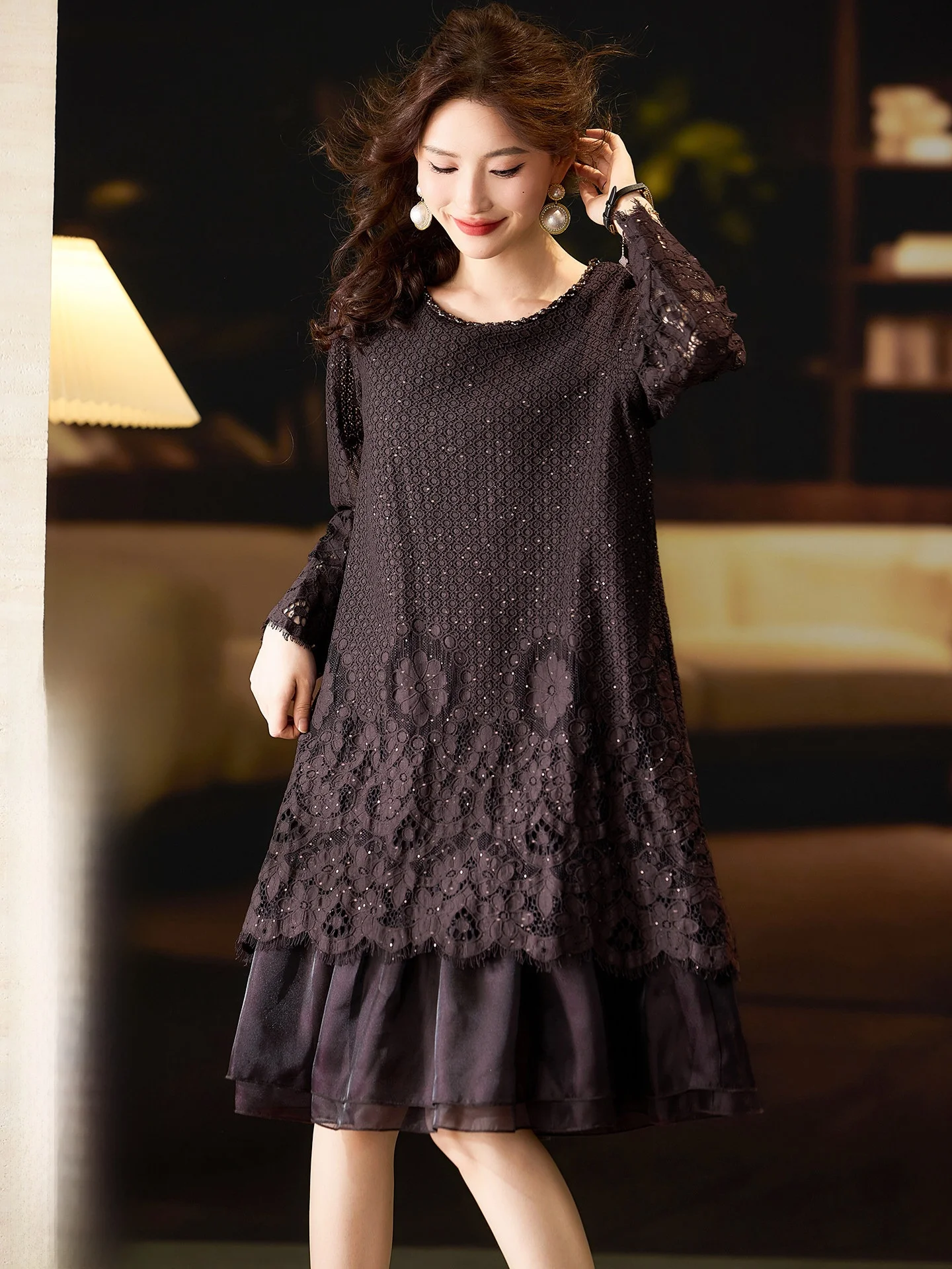 

Chic Lace Trimmed Maxi Dr Women's Spring New Sle plus Size European Faion Street Sle Polyester Fiber Long Sve Dr