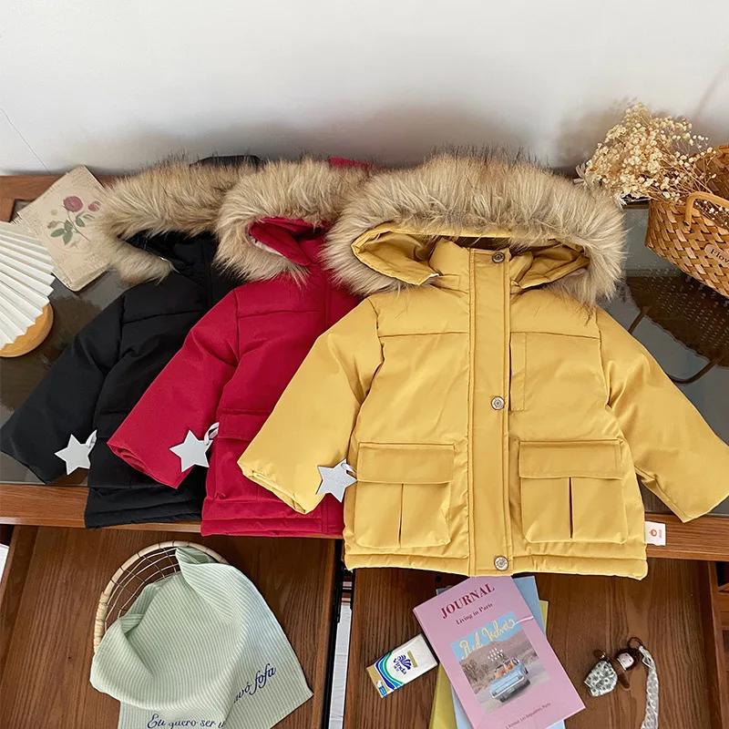 

Kids Boys Down Jacket Fur Hooded 90% White Duck Toddler Girls Down Coat Solid Color Thicken Warm Children Boys Parkas Coat