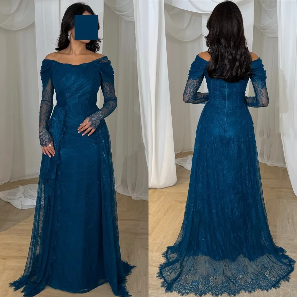 

Customized Modern Style Elegant Lace Pleat Ruched Straight Off-the-shoulder Long Dresses Bespoke Occasion Dresses High Quality