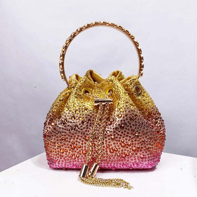 

Rhinestones Evening Clutch Party Bucket Bag For Women Luxury Designer Handbag Purse 2024 New In Tassel Chain Shoulder Crossbody