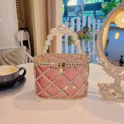 Diamonds Basket Evening Clutch Bag Women 2023 Luxury Hollow Out Preal Beaded Metallic Cage Handbags Ladies Wedding Party Purse