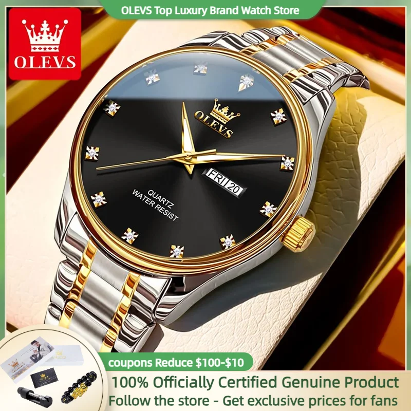 OLEVS-Relógios Quartz clássicos para homens, Diamond Dial, Stainless Steel Strap, impermeável, Night Light, Relógio de pulso Data, Masculino, Novo, 2024