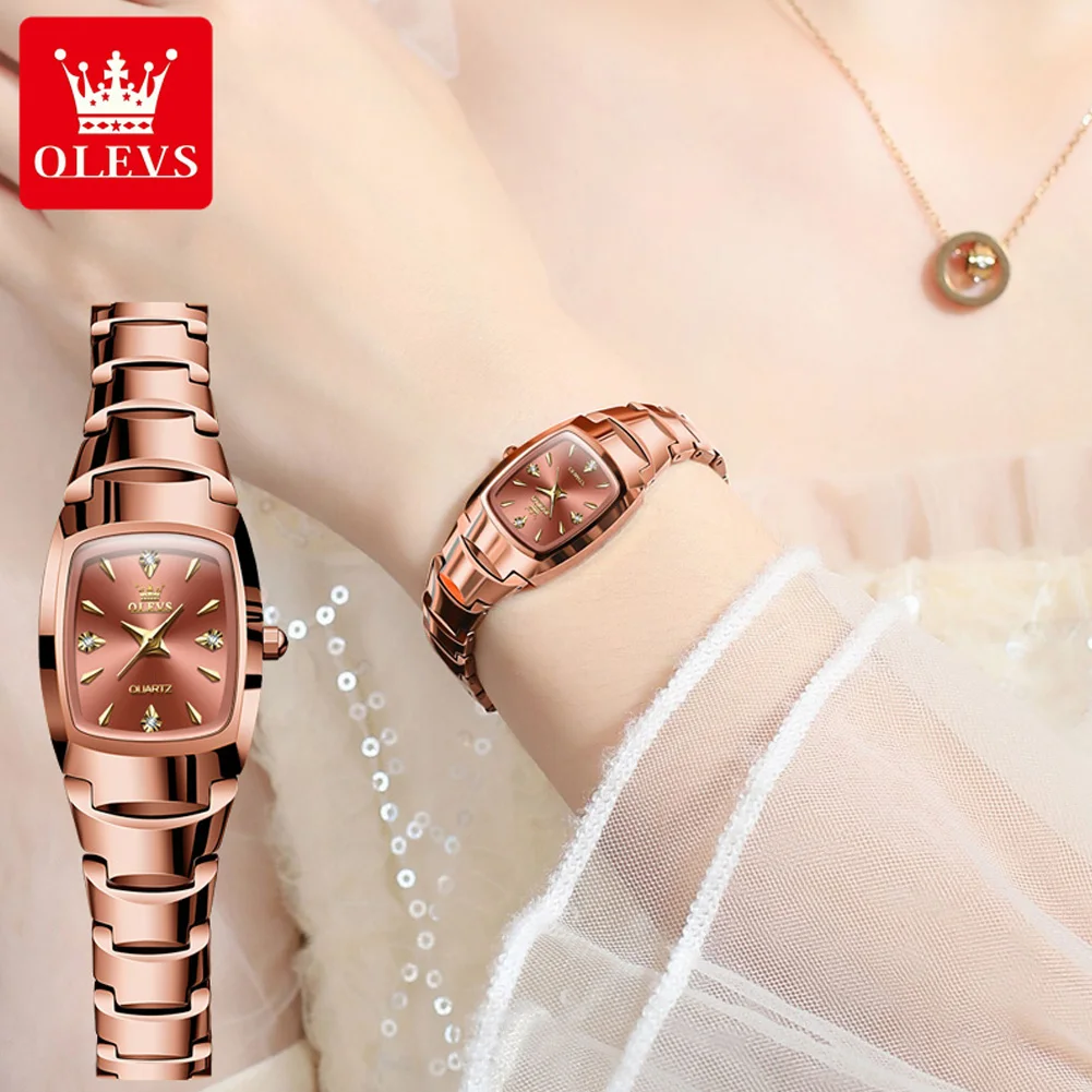 OLEVS 7006 Luxury Watches Women Elegant Rose Gold Square Tungsten Steel Strap Ladies Wristwatch Original Quartz Watch for Women