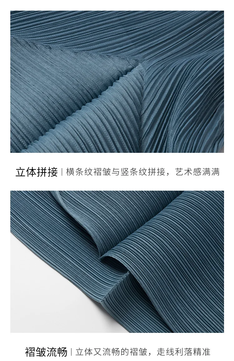 Miyake Plissiertes Damenkleid in Blau, A-Linie, Elegantes Kurzarm-Kleid, Locker Geschnitten, Knitterfrei, Sommerliches Lässiges Mode-Langkleid – Detail 12