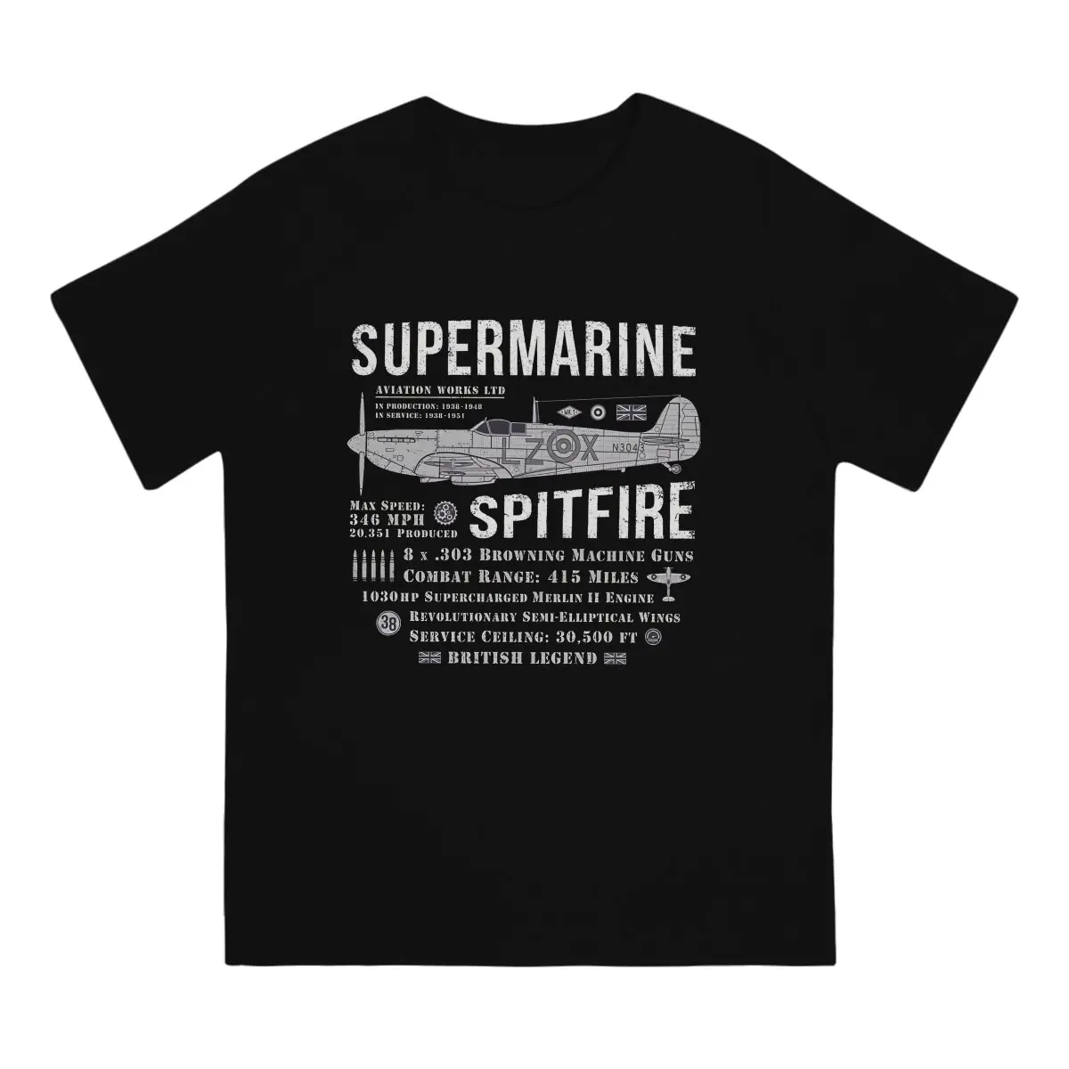 Vintage Grey Fighter T-Shirts Men Round Neck 100% Cotton T Shirts Supermarine Spitfire Short Sleeve Tee Shirt Gift Clothing