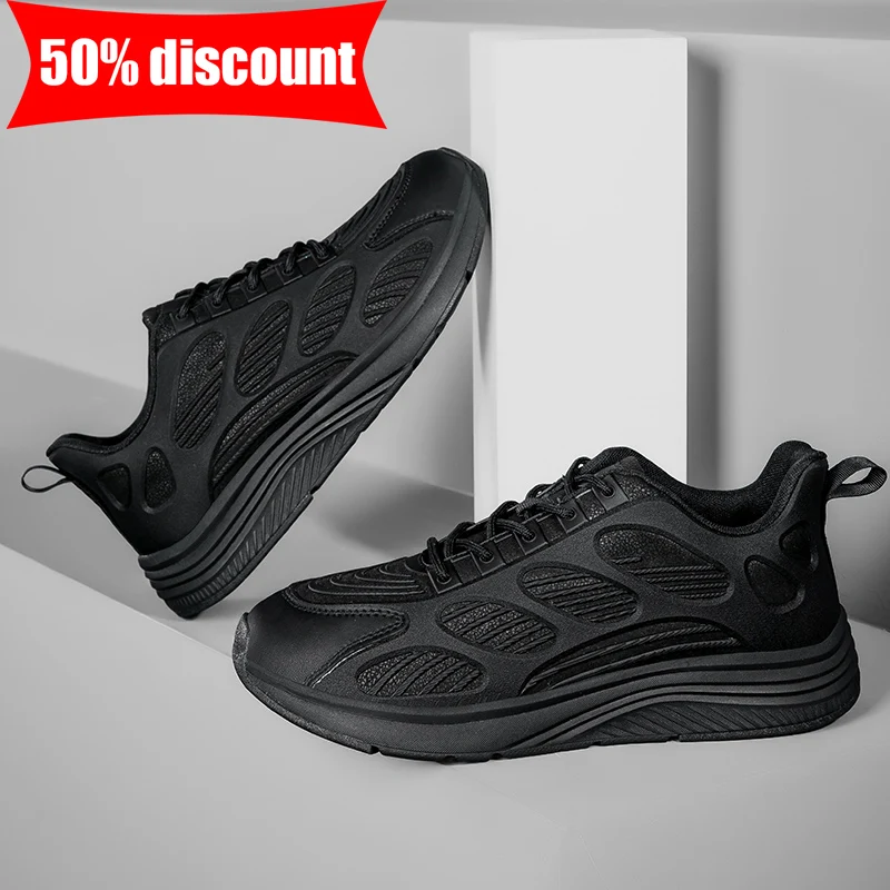 

Мужские кроссовки: мягкие, износостойкие, нескользящие, повседневные, для бега, новинка 2026 года, модные, на шнуровке, черные, кожаные, спортивные туфли