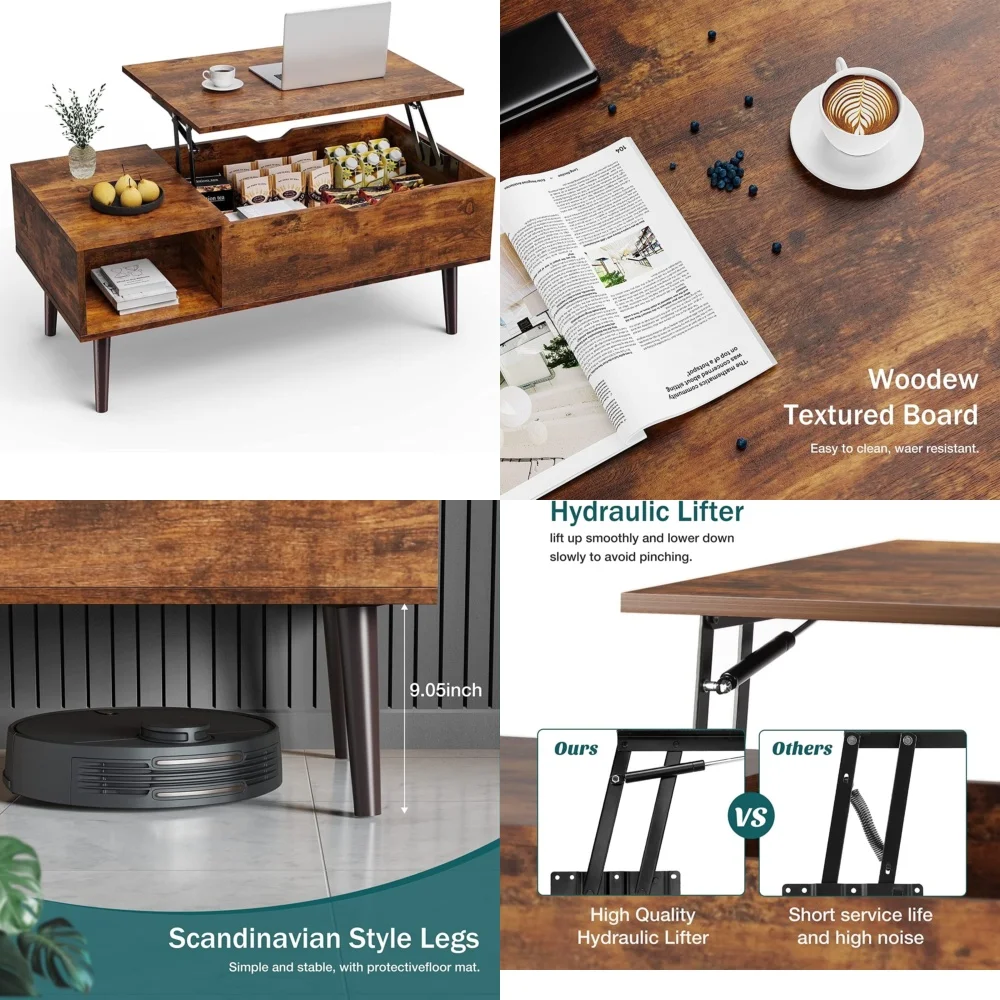 طاولات المقهى، طاولة قهوة خشبية قابلة للتعديل مع مساحة تخزين مخفية وأرفف باللون البني #1