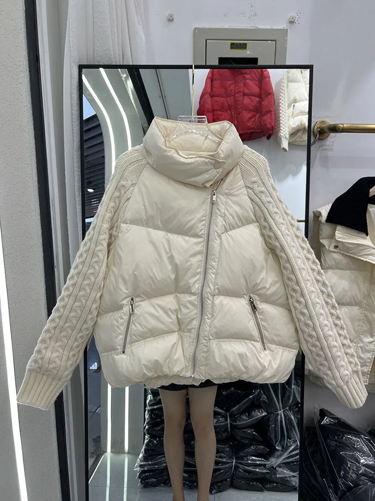 Autumn Winter 2023 New Knitted sleeves Down Jacket Women\'s Thick Warm Fashion Long Sleeve Casual White Duck Down Coat