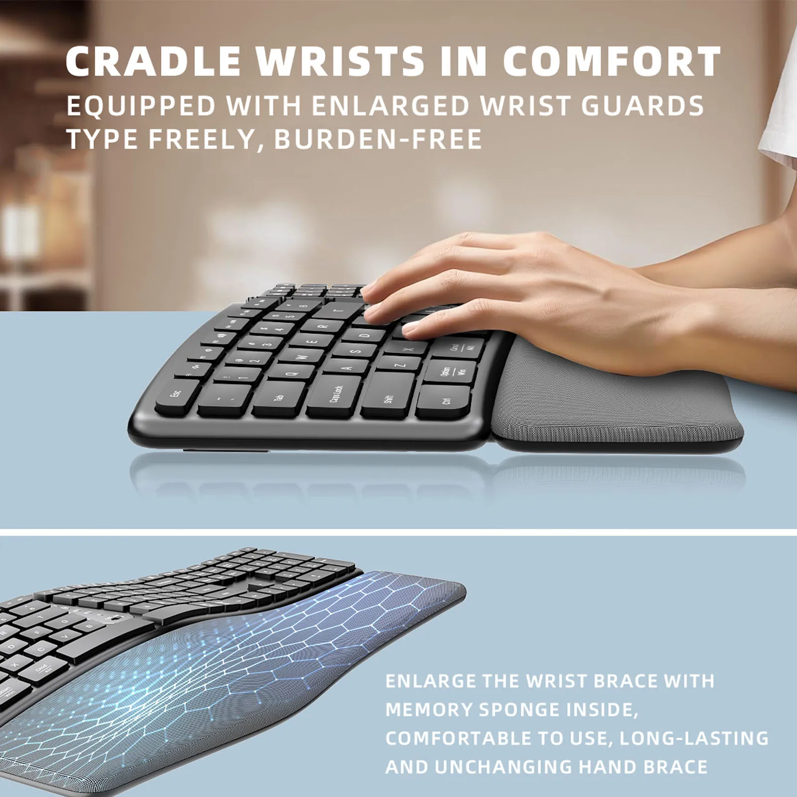 Ergonomic Split Keyboard 2.4G USB C Bluetooth Wireless Computer Keyboard 111 Keys Rechargeable with Cushioned Wrist Rest