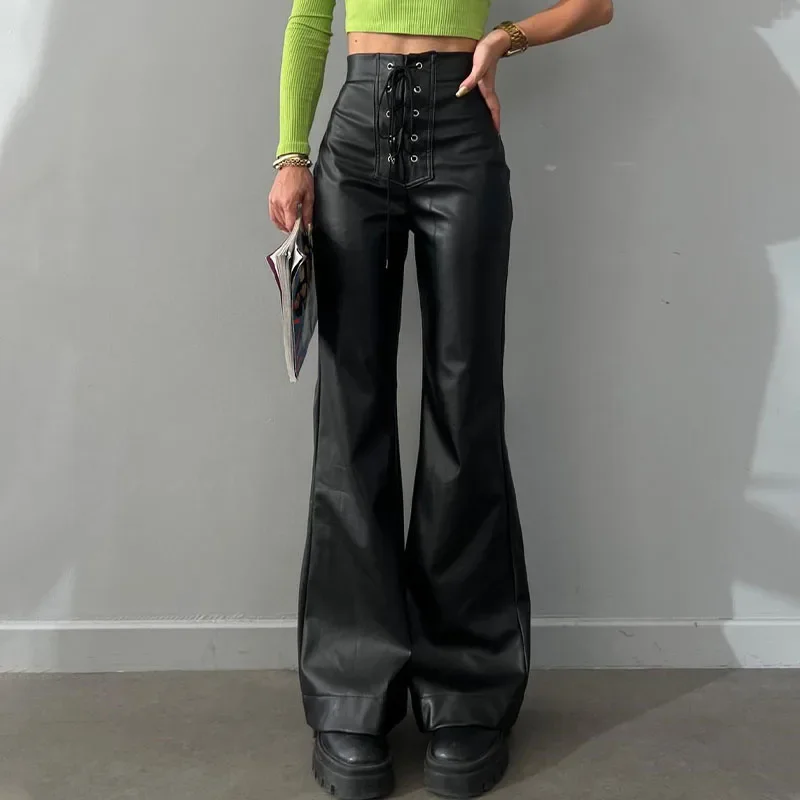 솔리드 컬러 슬림 플레어 가죽 팬츠 여성 2025 패션 빈티지 우아한 여성 하이웨이스트 팬츠 여성 스트릿웨어 트라우저