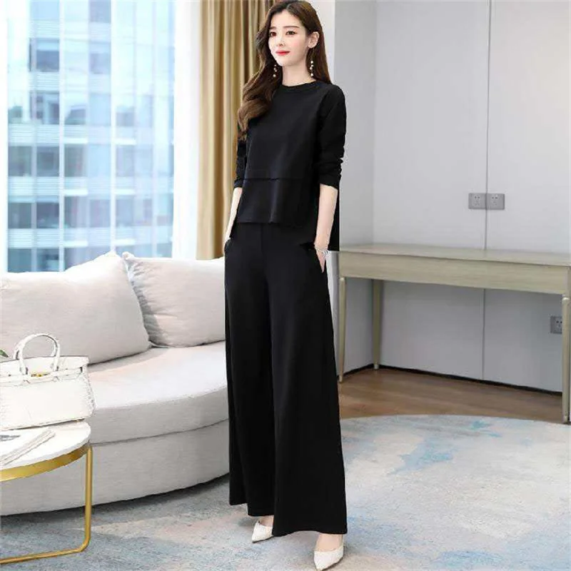 Autumn Age-reducing Slimming Suit 2023 New Everything Belly Covering T-shirt Foreign Style Wide Leg Pants Women\'s Two-piece Set