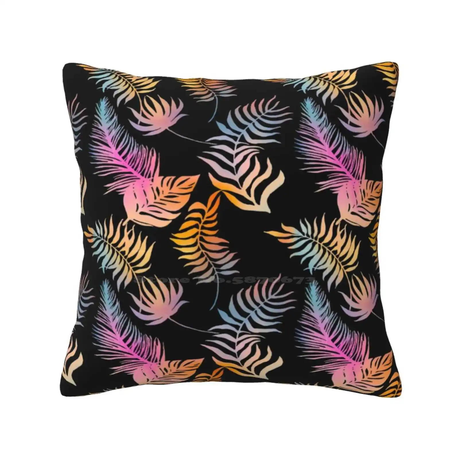 Fluor Colors Tropical Leaves Print Pattern Pink Yellow Blue Orange And Black Background Home Sofa Car Cushion Cover Pillowcase