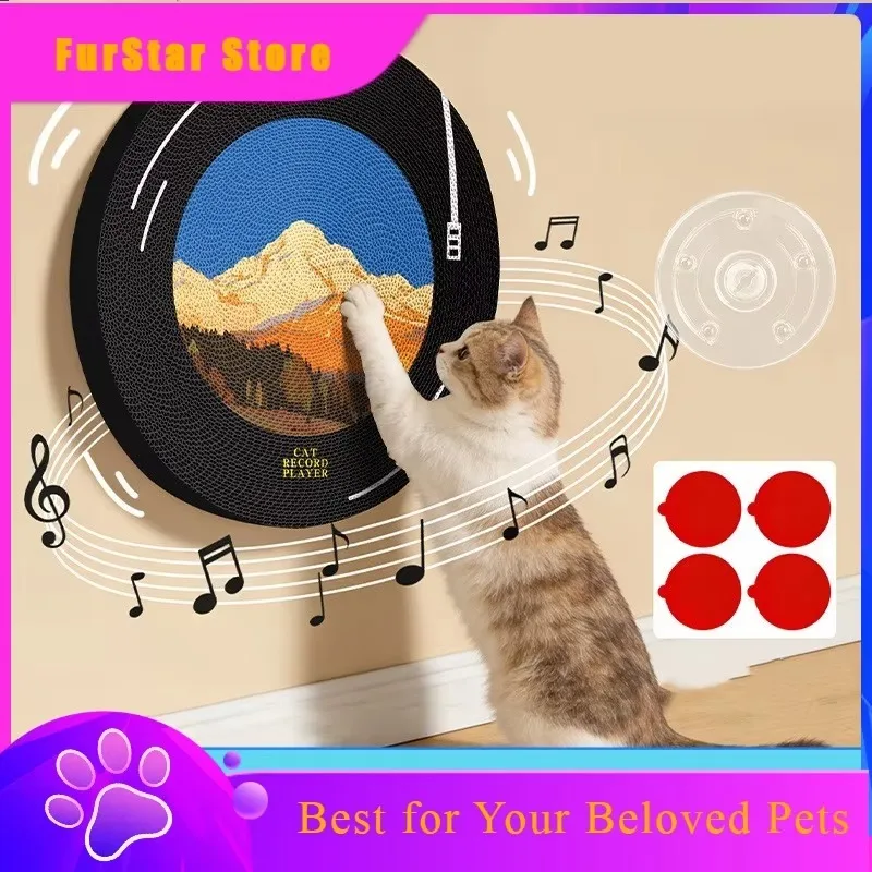 FurstarOil Painting Pattern Cat Scratcher Wall Mounted Rotatable Cat Scratch Board Vinyl Record Scratch Wear-Resistant Claw Grin