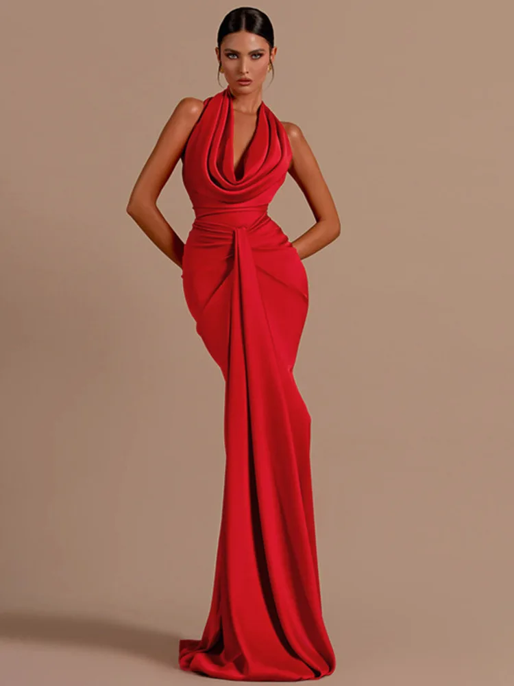 Sukienka satynowa z odkrytymi plecami i halterem w stylu Articat, damska, nowa, długa, elegancka, bez rękawów, obcisła, na imprezę, do klubu, wieczorowa, damska, Vestido