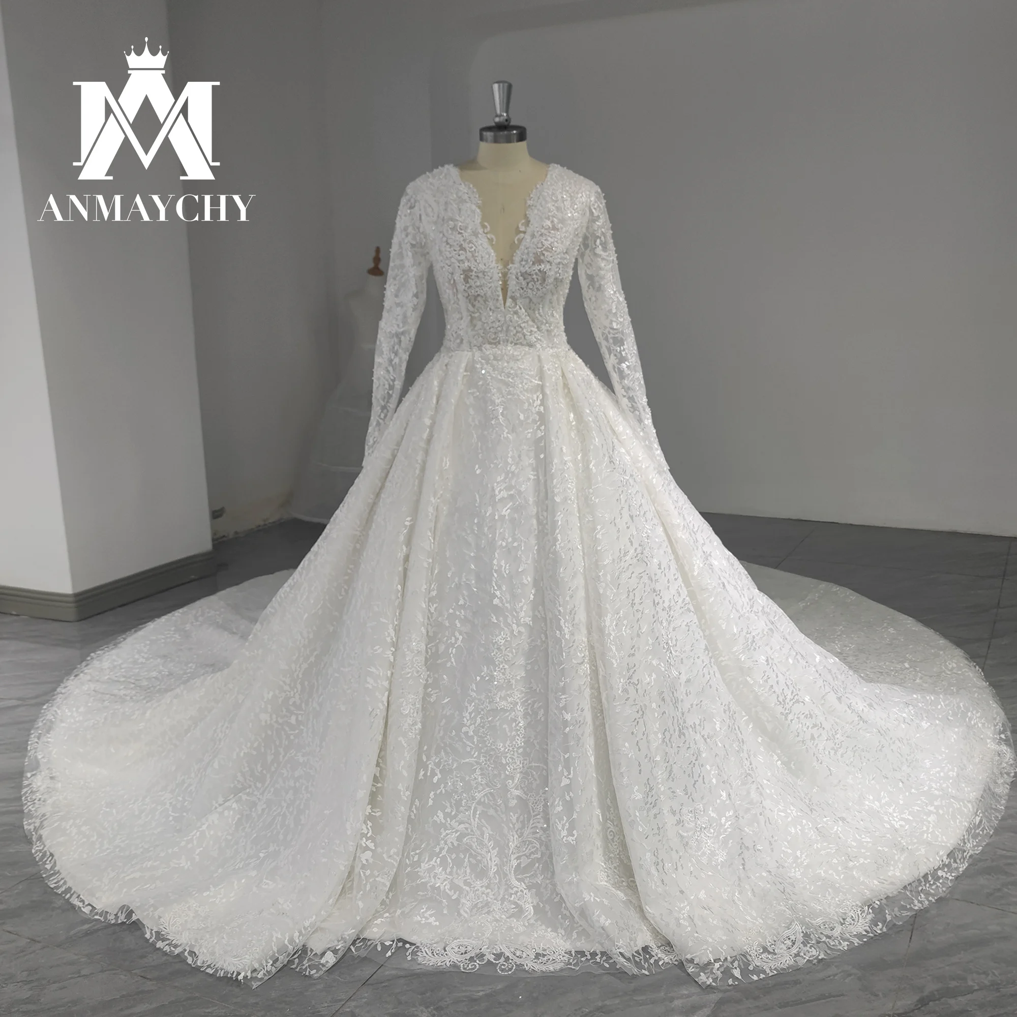 ANMAYCHY Long Sleeve Luxury Wedding Dresses For Women 2023 Deep V-neck Appliques Beaded Ball Gown Wedding Gown Vestido De Novia