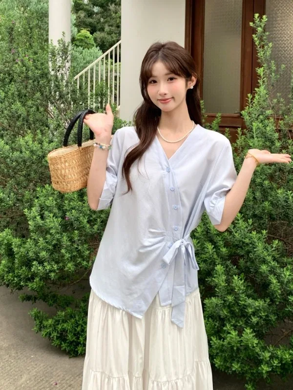 

Spring Summer 2026 Women's Pure Color V-Neck Short Sleeve Shirt Waist Cinched Knot Tied Top Korean Style Commute Fashion