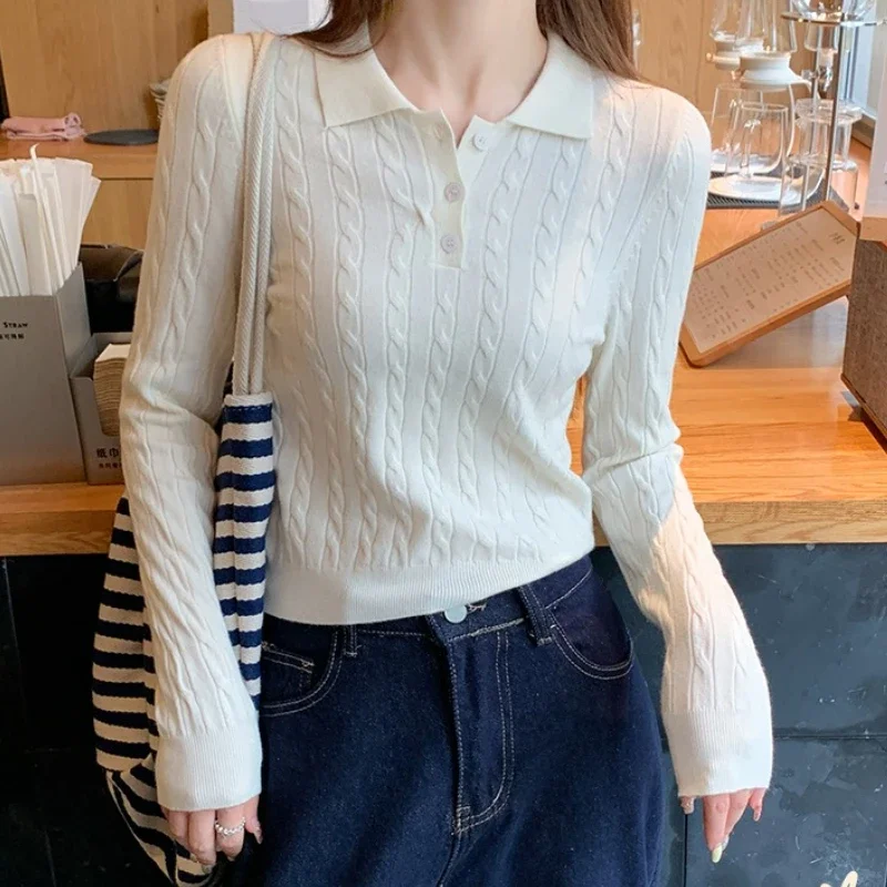 Women Polo Collar Knit Sweater Button-Front Strechy Cable-Knit Long Sleeve Crop Top Plain Jumper Fitted Pullover Tennis Core Y2K