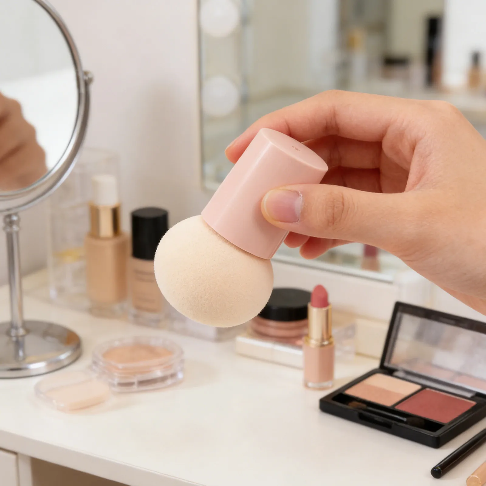 5 unidades de esponja para aplicação de base facial em formato de cogumelo, com cabo ergonómico e espuma de alta densidade para uma aplicação suave e 