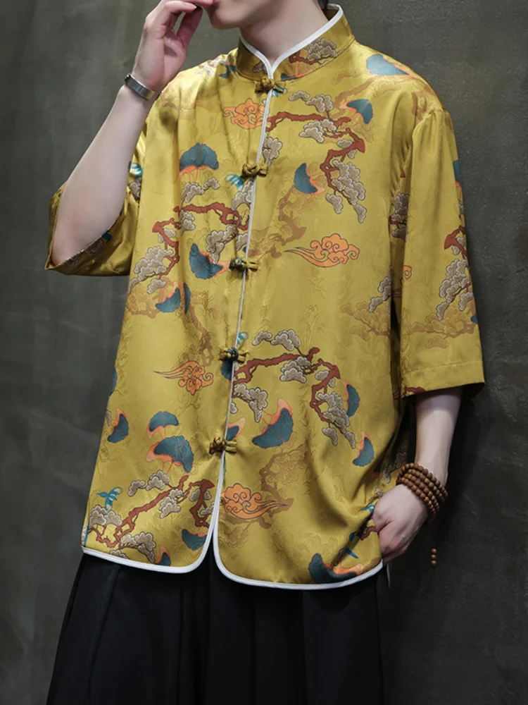 

New Chinese Style Men's Shirt Summer Ice Silk Tang Costume Renovated Hanfu Style Button up Top Thin Youth Fashion Loose Fit