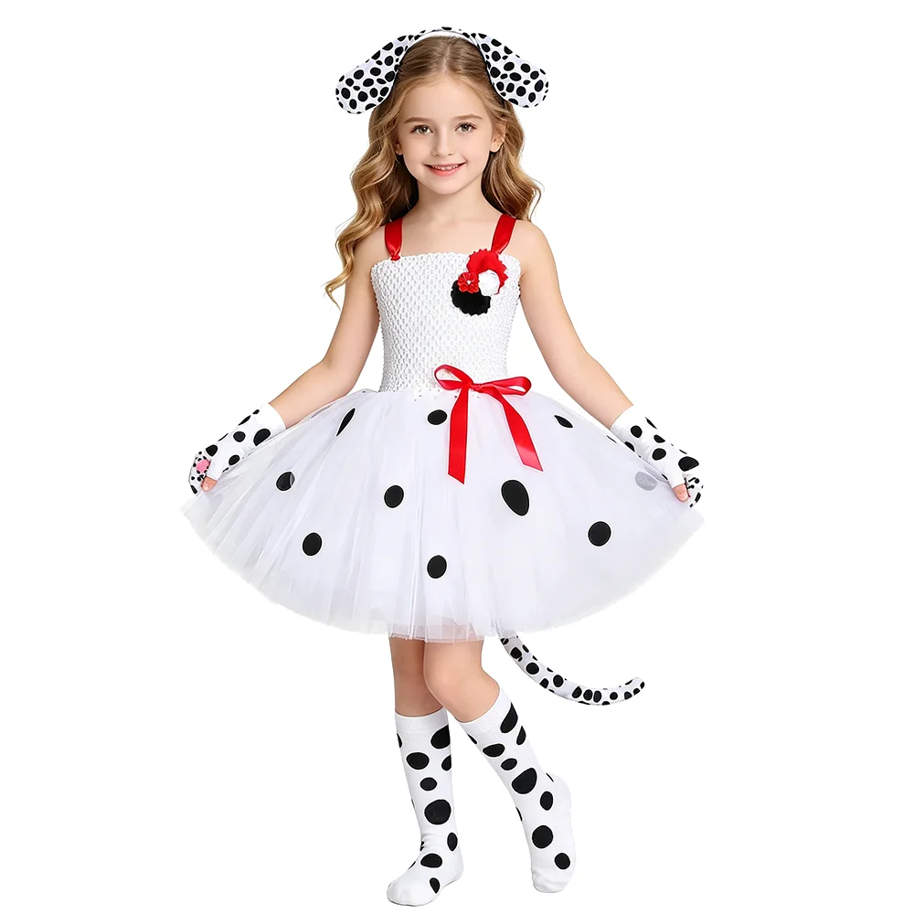 Baby Girls Dalmatian Dog Tutu Dress for Kids Spotty Puppy Costumes Children Animal Halloween Outfit with Ears Bowtie Tail Set