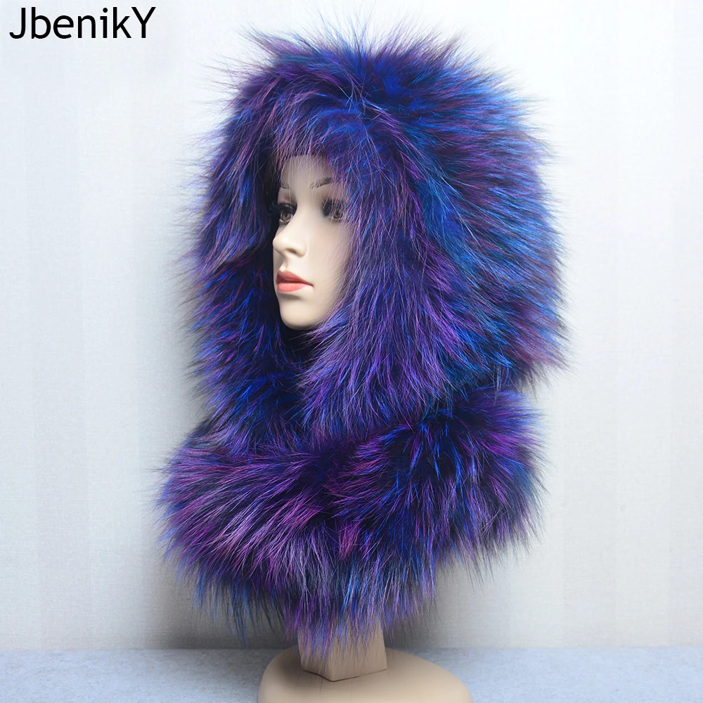 Fox fur hood Volume Hats For Women Winter Warm Novelty Knitted Fur Scarf Hat Stylish Fashionable Genuine Large Female Fur Hat