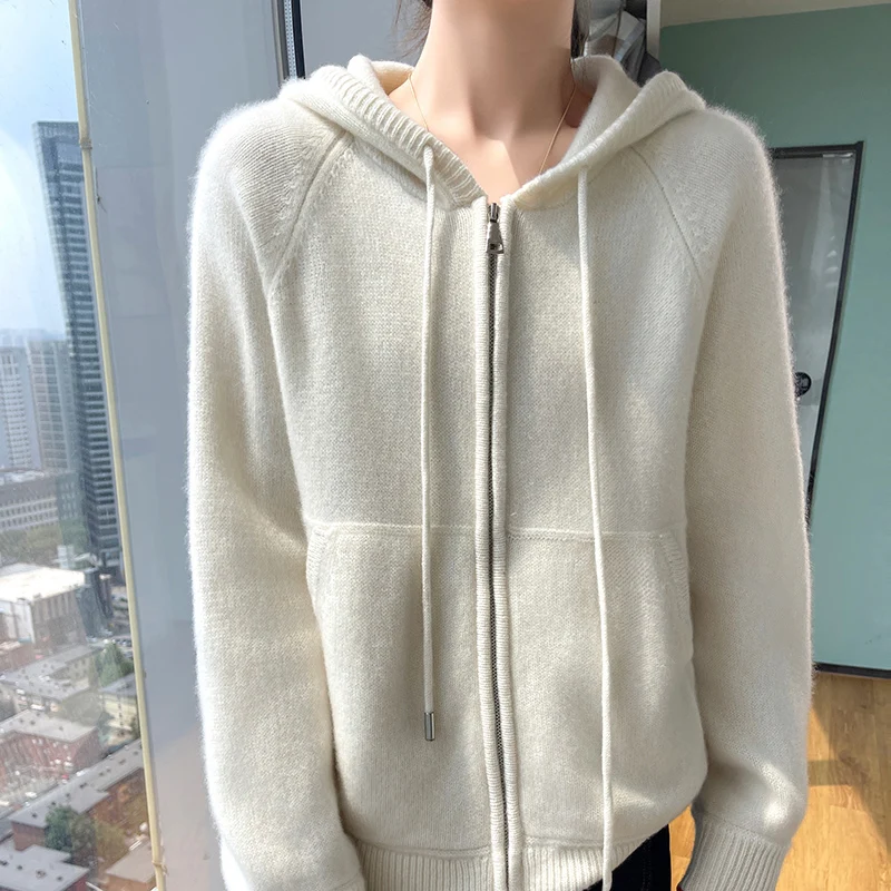 Cashmere Sweater Autumn Winter 100% Pure Wool Sweater Women\'s Hooded Collar Knitted Cardigan Fashion Korean Larg Size Thick Coat