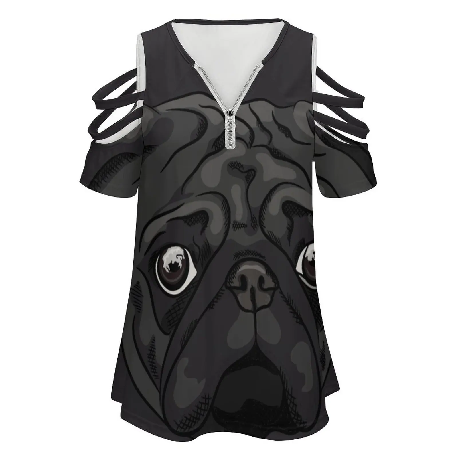 Cute Black Pug Portrait Fashion Print Women Ladies Girls T-Shirt Harajuku Round Neck Short Sleeve Tops & Tees Hand Drawn Pug