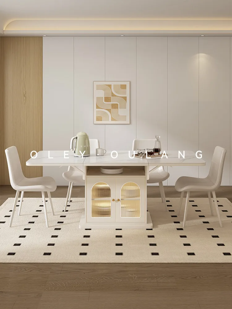 

Cream style folding dining table, minimalist modern household rock board dining table, island table cabinet integrated