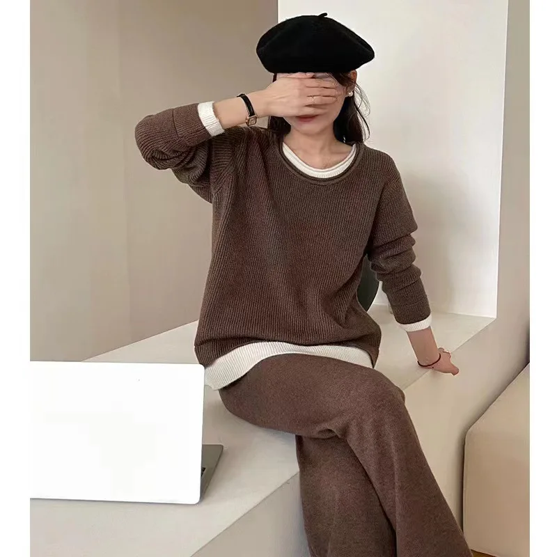 Autumn Winter 2 Pieces Women Sets Knitted Tracksuit Lazy Style Loose Casual Fashion Splicing Sweater Top and Wide Leg Pants Suit