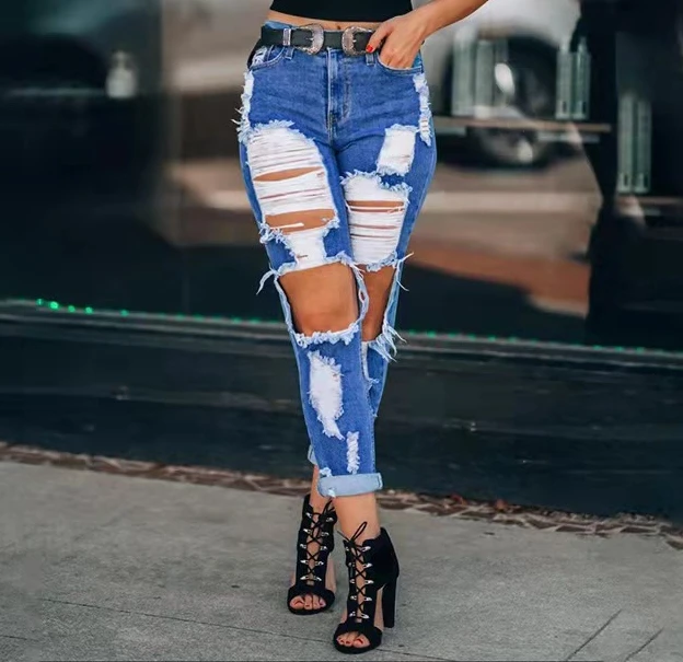 

2022 New High Waist Hip Lift Loose Straight Hole Denim Trousers Ladies Jeans Women's Clothing