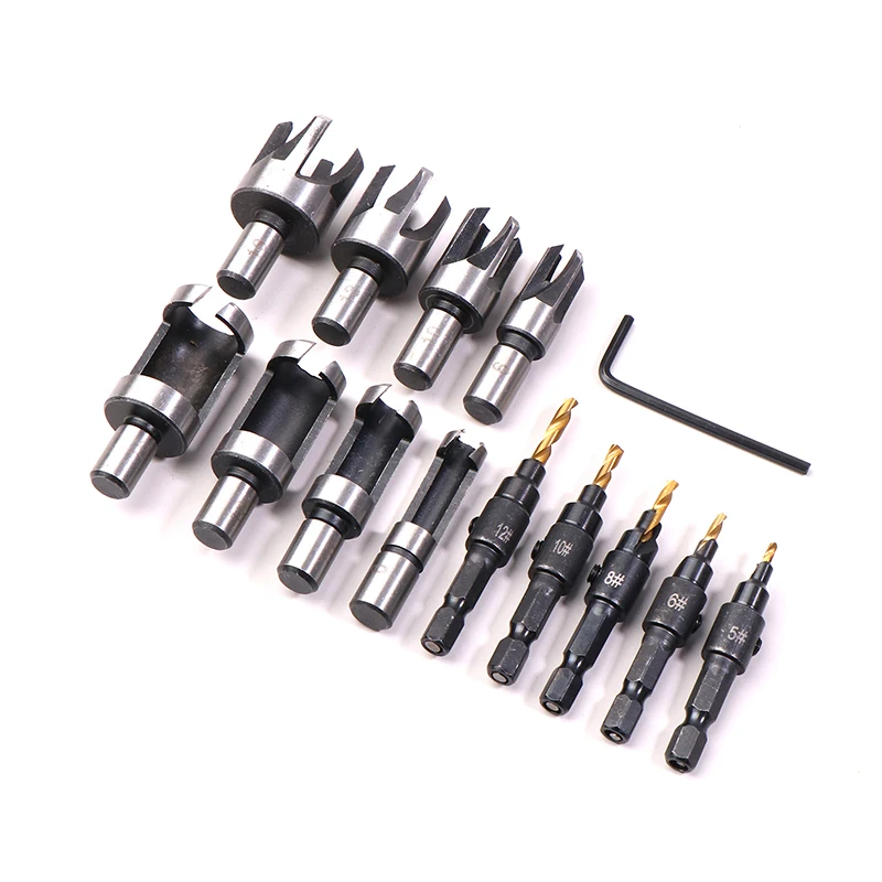 15 قطعة مقبض دائري برميل/مخلب نوع سدادة خشبية الحفر ، مثقاب غاطسة ، فتاحة ثقب النجارة التوسيع مثقاب الخشب إزالة والقطع