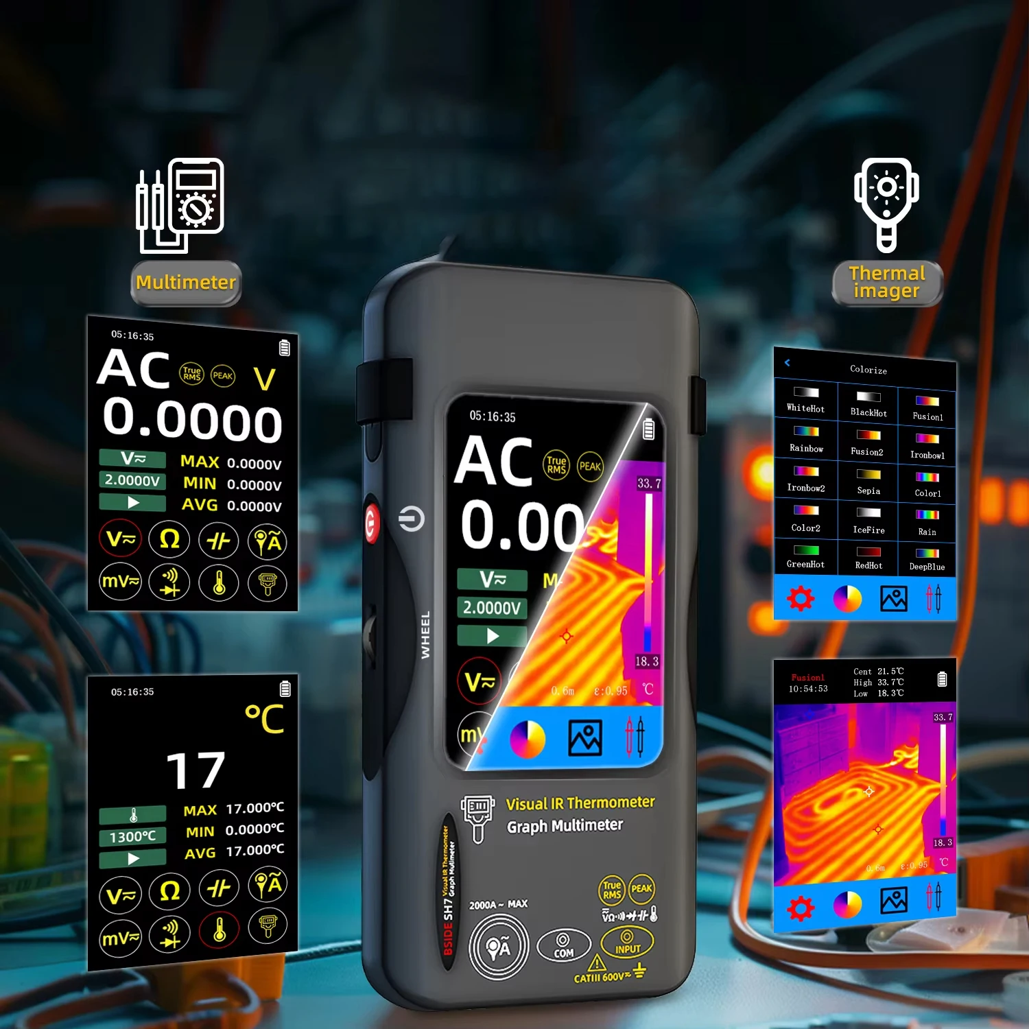 

SH7 Цифровой тепловизионный мультиметр 2-в-1 с ИК-камерой и макрообъективом с автоматическим определением диапазона для электрической диагностики