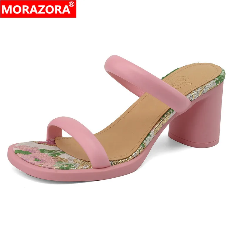 

MORAZORA 2024 New Faux Leather Women Slipper High Heels Simple Summer Party Dress Shoes Pink Red Ladies Shoes Flip Flops