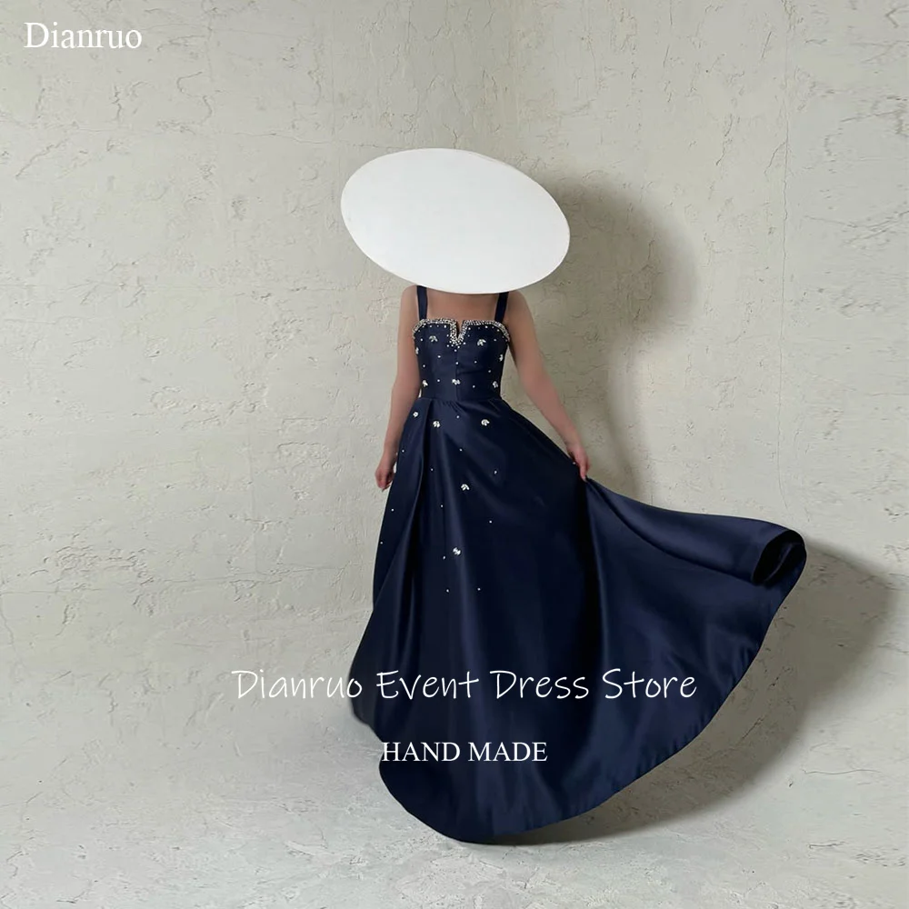 

Dianruo Strapless Crystal Evening Dresses Navy Blue Spaghetti Strap فساتين سهرة Elegant Satin Pleat Arabia Arabic Customized