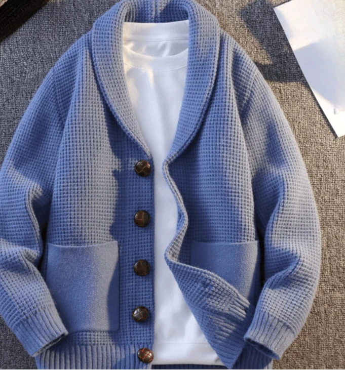 Men Autumn Winter Thick Warm Shawl‑Collar Knit Outerwear, Korean‑Style Loose Retro Trendy Casual Knitted Cardigan Sweater