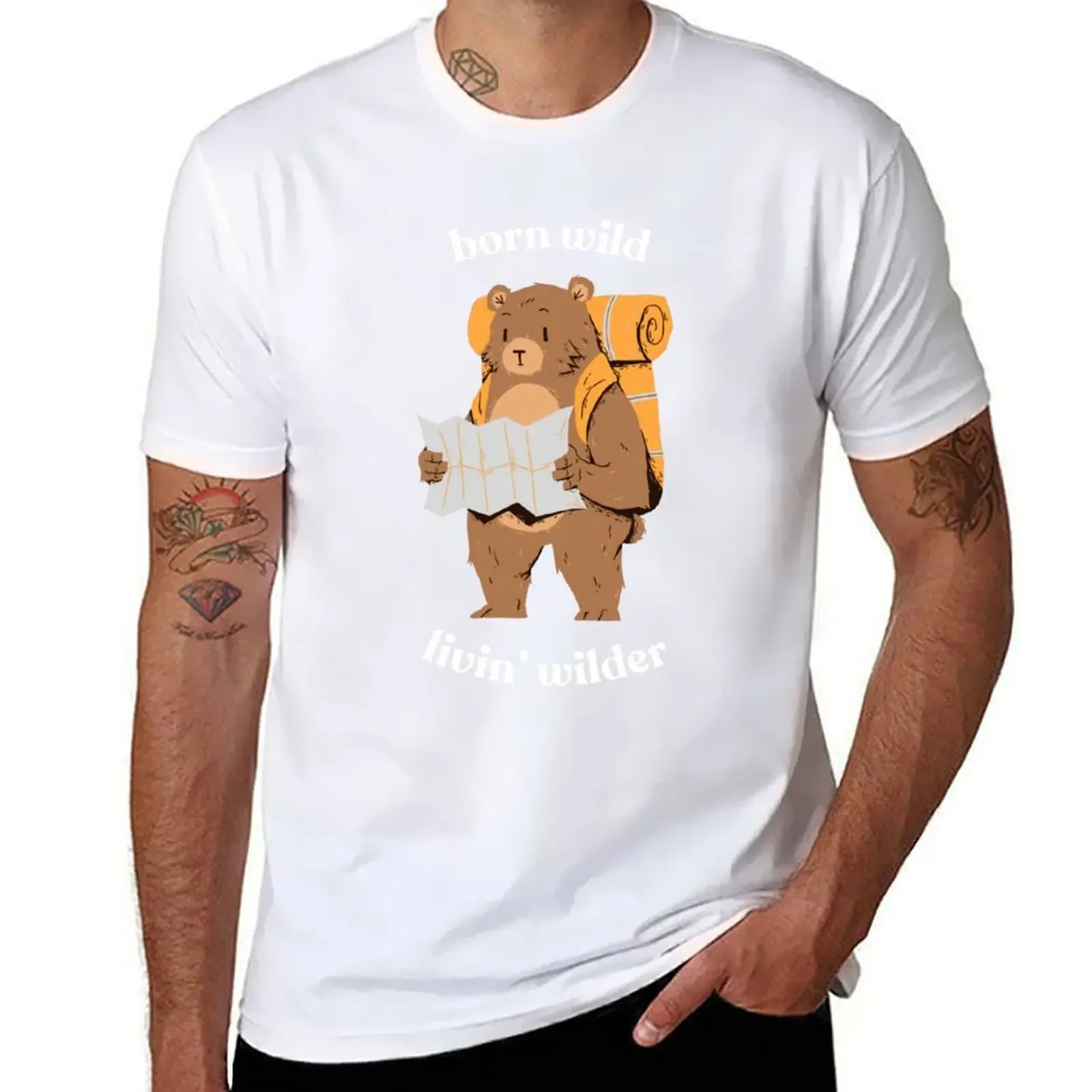 Cute Funny Bear Born Wild Adventure Hiking T-Shirt blanks hippie clothes designer t shirt men heavyweight fashion Round Neck new