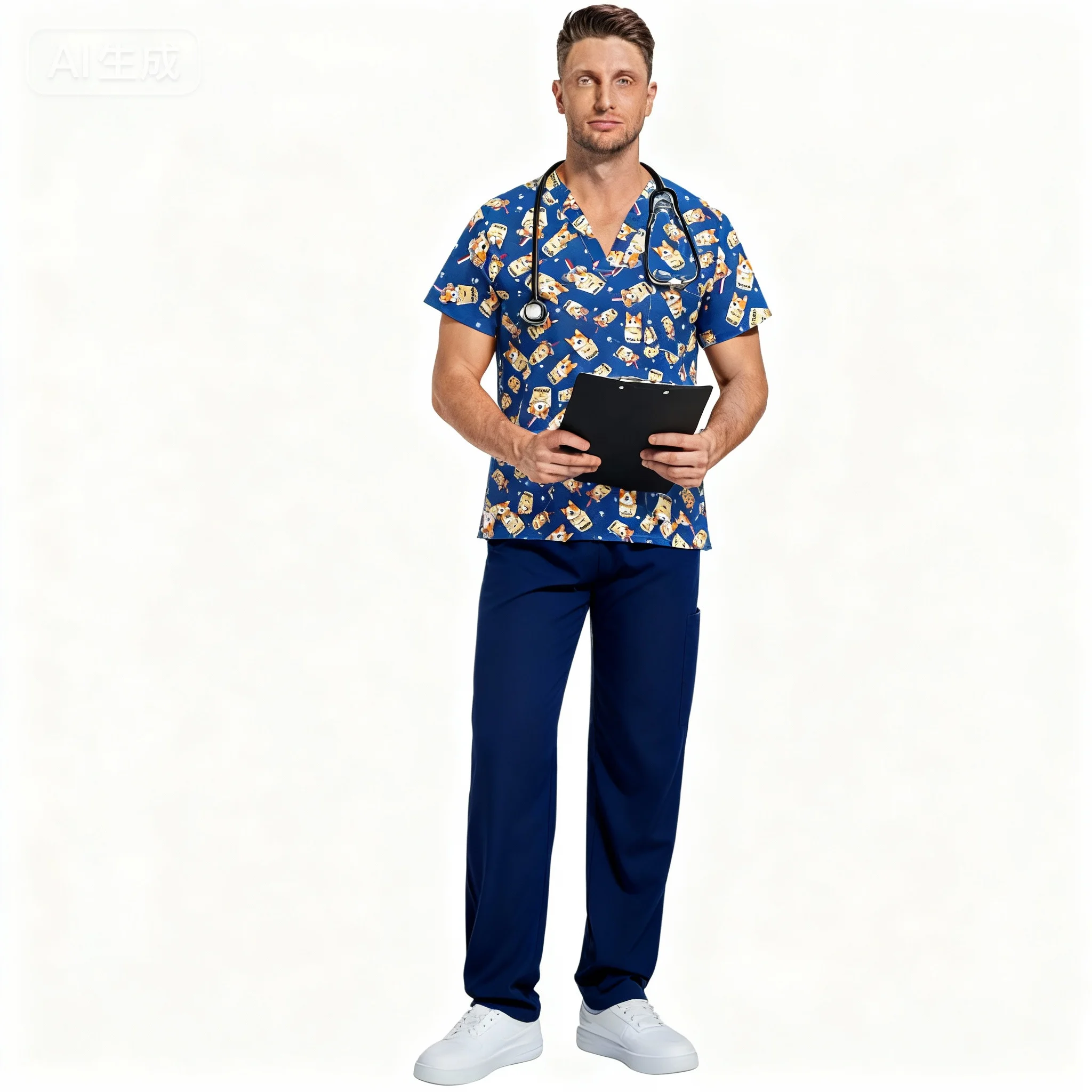 قمصان جديدة زي ممرضة طبية طباعة زي عيد الميلاد الأحمر الرجال الخامس الرقبة قصيرة الأكمام جيوب التمريض الدعك السريري #6