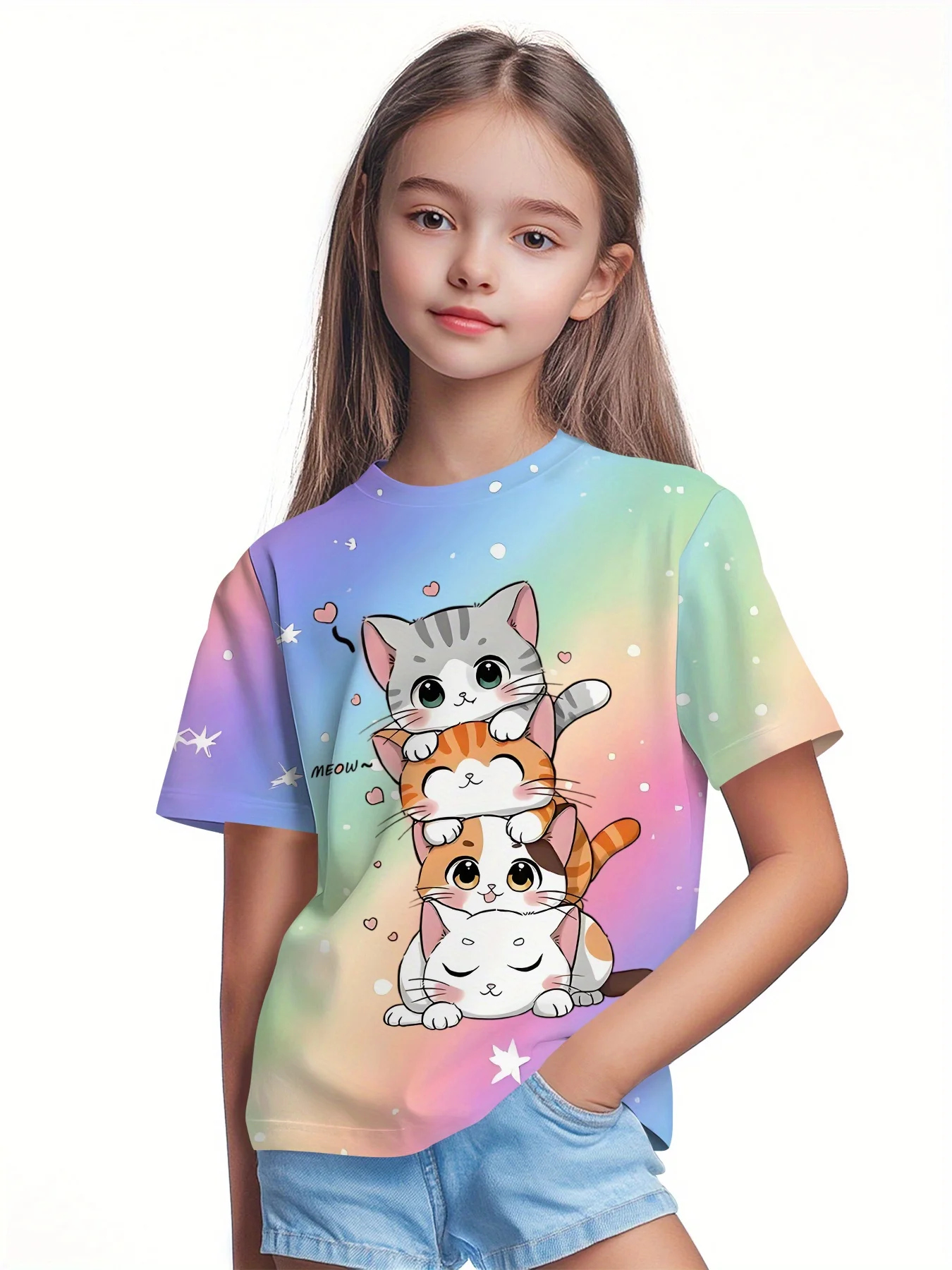 

Girls' 3D printed rainbow gradient cat t-shirt made of soft and breathable fabric, machine washable summer casual sports top