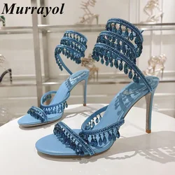 Tassels Rhinestone Decor Thin High Heels Sandalias Women Ankle Snake Shaped Strap Entanglement Sandals Summer Party Dress Shoes