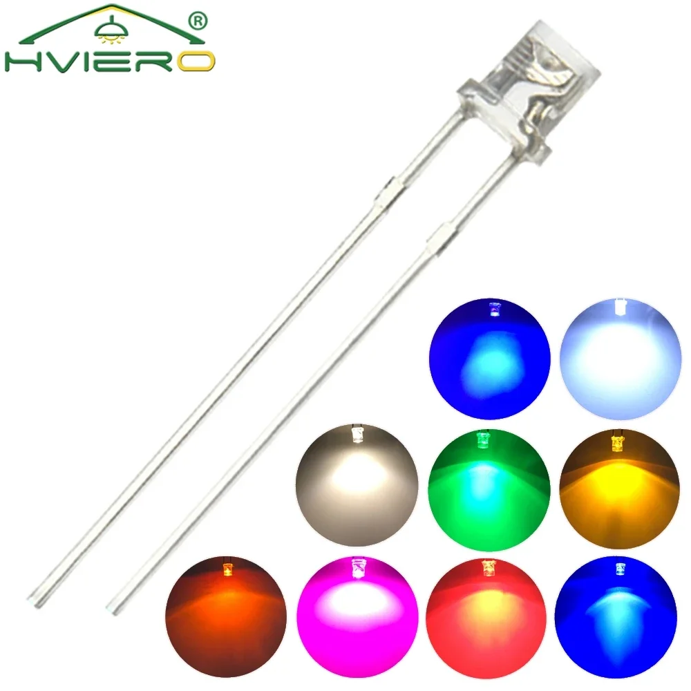 

100Pcs F3 3mm 2pins Ultra Bright LED Bulbs Flat White Red Yellow Blue Green Pink Diode Led Wide Angle Light Emitting Diodes Lamp