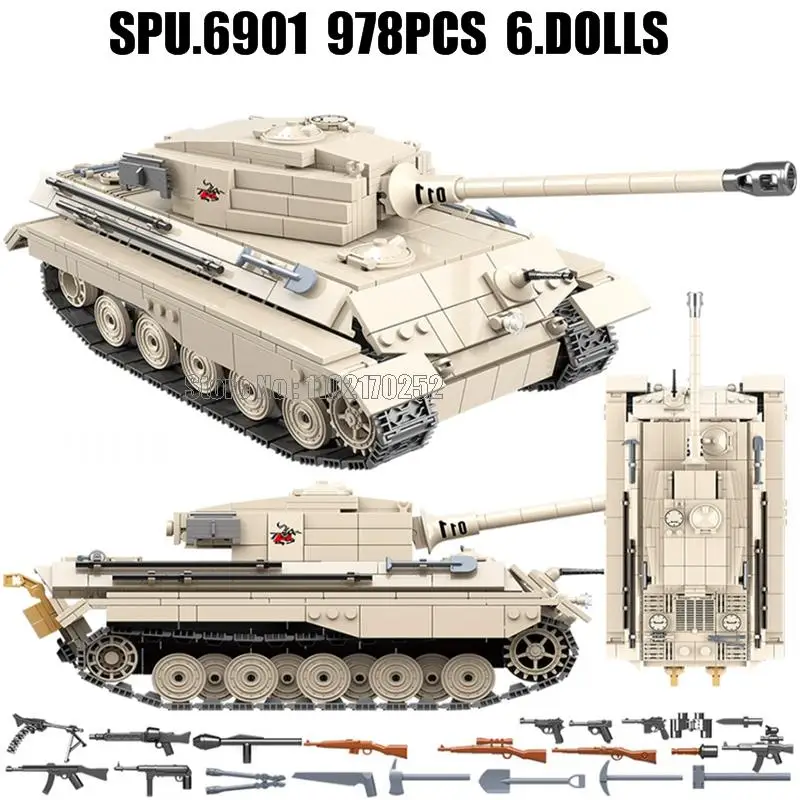 

100066 978pcs Military German King Tiger Tank Army Ww2 6 Soldier Weapon Boy Building Blocks Toy