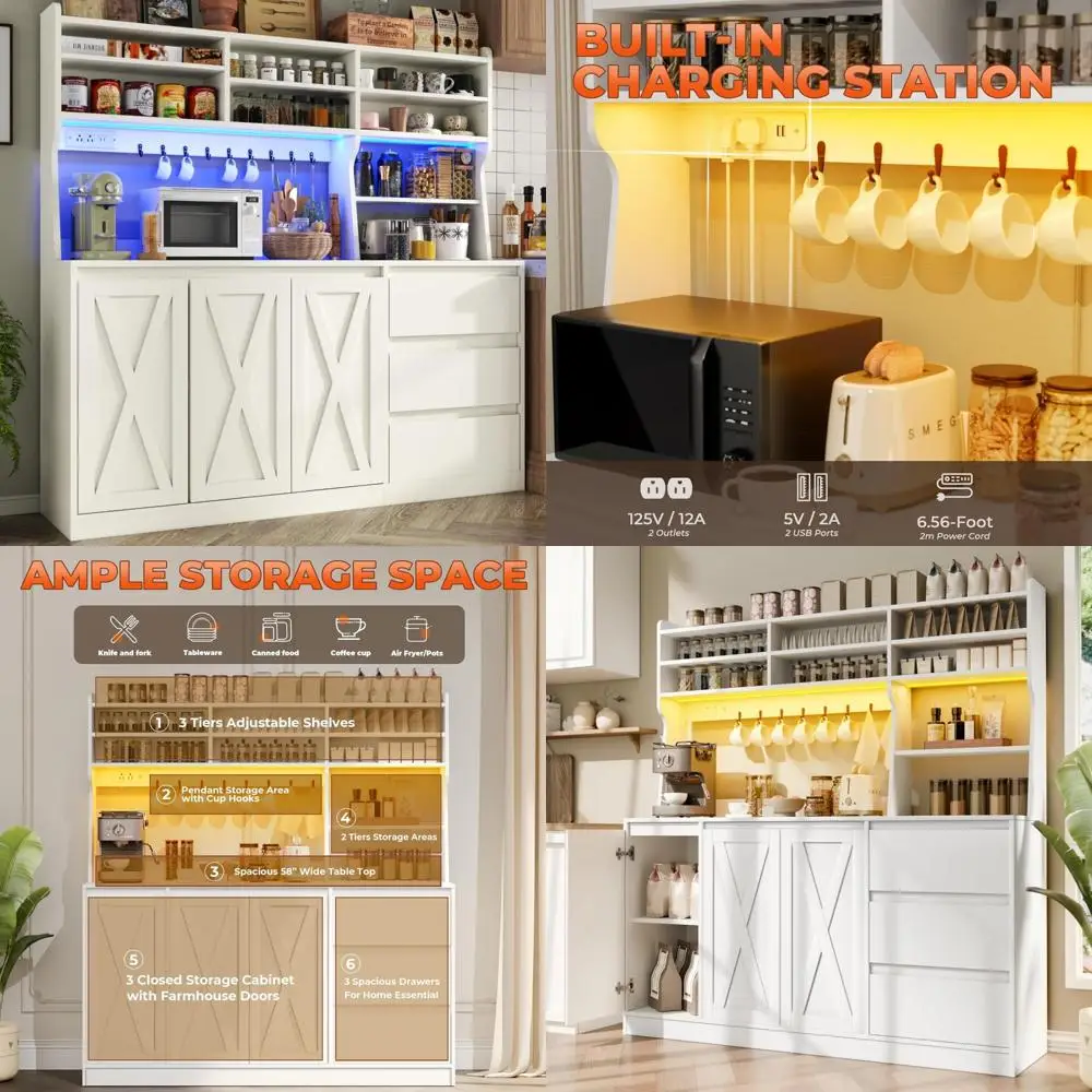 

Kitchen Storage Cabinet with Power Outlet and LED Light, 59-Inch Buffet Cabinet for Coffee Bar and Additional Storage