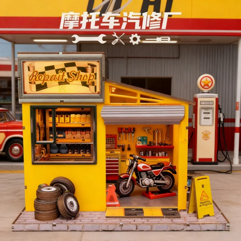 Винтажный мотоциклетный гараж «сделай сам», 3D деревянная миниатюрная модель мастерской, подробная механика для взрослых