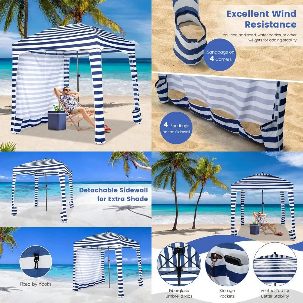 

Portable 6x6 Ft Beach Shelter with Removable Side Panel, 8 Sand Anchors, 2-Tier Airflow, Quick Setup for Enhanced Sun Protection