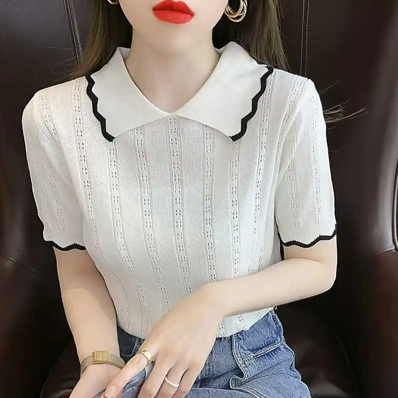 Pullover New Products Woman Embroidery Top Elegant Knitted Yellow T Shirt Synthetic Polo Neck Tee Shirts Womens Polyester White