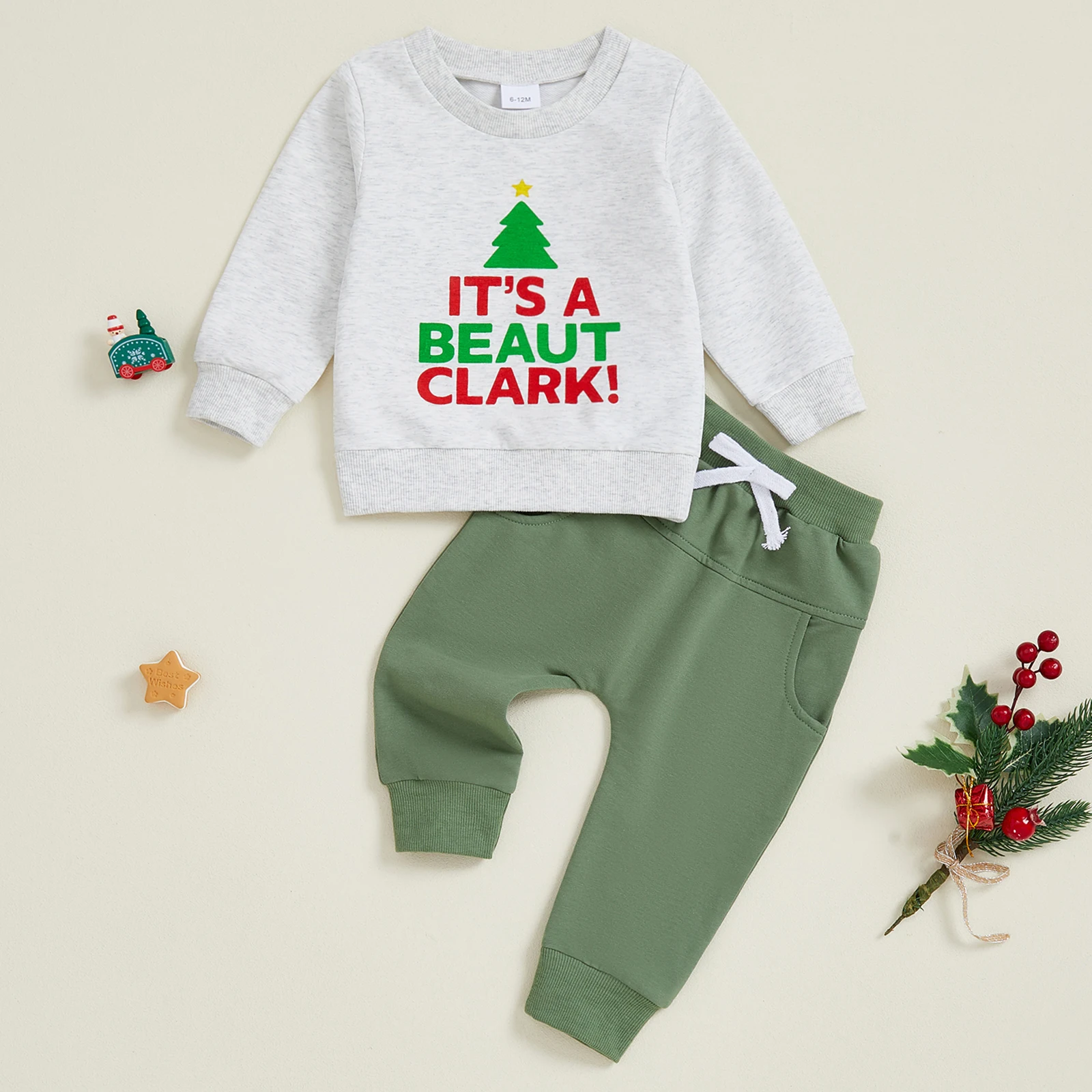 

Toddler Boy Christmas 2 Piece Outfits Long Sleeve Crew Neck Christmas Tree Letter Print Tops and Elastic Waist Pants Set